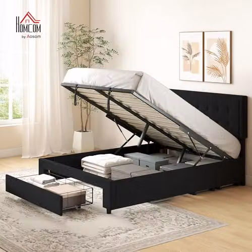 HOMCOM Black Velvet Upholstered Double Ottoman Bed with Lift-Up Storage Base, W: 140 cm, D: 190 cm, H: 95 cm – 3