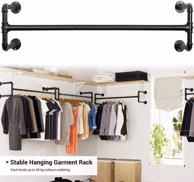FLAVORA Industrial Metal Clothes Rail in Matt Black, Width: 105 cm – 1