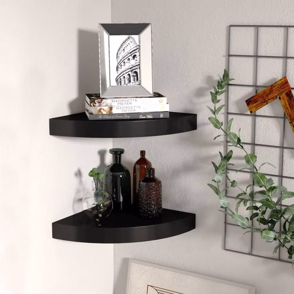 Berkfield Home Set of 2 Durable Black Floating Corner Shelves, W/D/H: 25 x 25 x 3.8 cm – 2