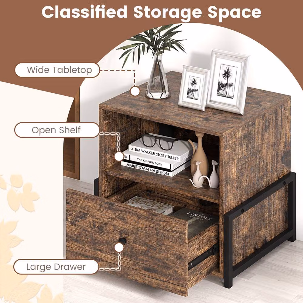 Costway 3-Tier Bedside Table with Drawer and Open Storage Shelf in Brown – 6