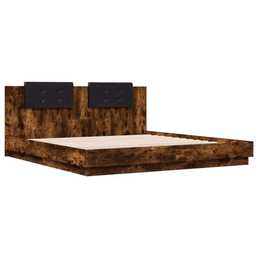 Berkfield Home Modern Bed Frame with LED Under-Bed Lighting and USB Charging Port in Smoked Oak Brown, W/D/H: 200 x 200 cm – 3