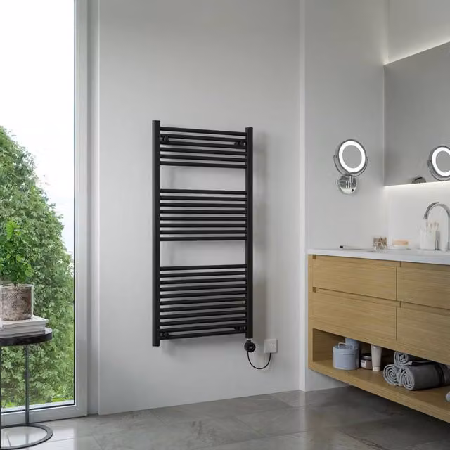 Bathroom Kingdom Luna Electric Heated Towel Rail, Black, W: 600 mm, H: 1200 mm
