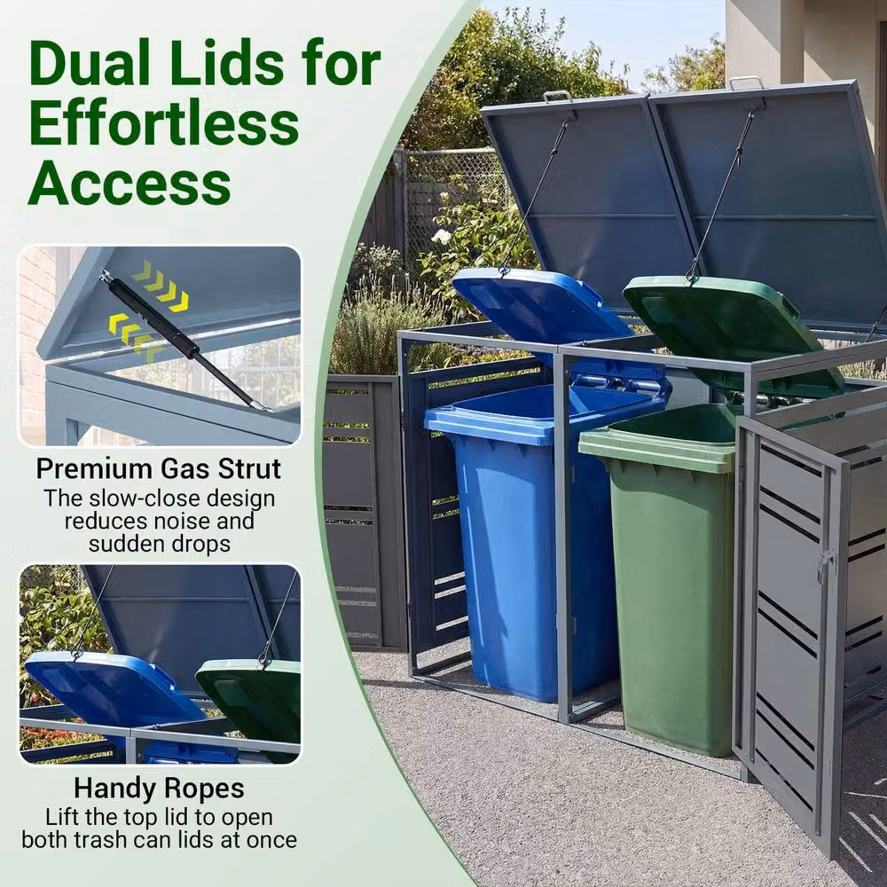Costway Lockable Double Outdoor Garbage Bin Storage Shed in Grey, Galvanised Steel Bin Store, W/D/H: 132.0 x 80.0 x 117.0 cm – 5