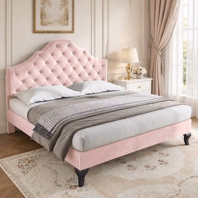 STILVORA Pink Velvet Upholstered Double Bed with Adjustable Headboard, W: 140 cm, D: 200 cm, H: 135 cm