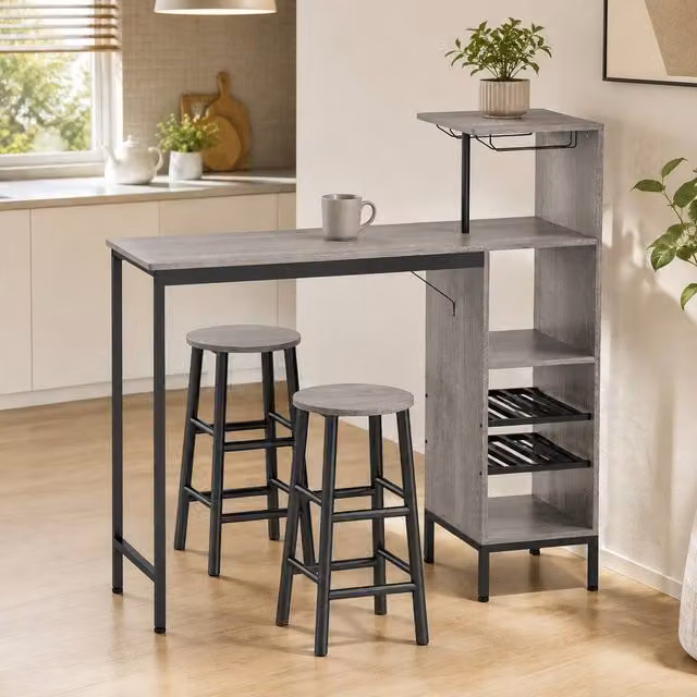 STILVORA 3 Piece Breakfast Bar Table Set with Storage Shelves in Grey
