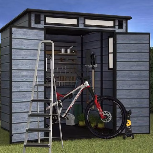 BIRCHTREE Grey Plastic Garden Shed with Wood Grain Effect and Window, W/D/H: 181 x 182 x 181 cm
