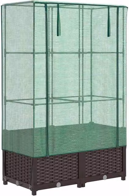 Berkfield Home Raised Bed with Greenhouse Cover in Brown Rattan Look, W/D/H: 80 x 40 x 138 cm