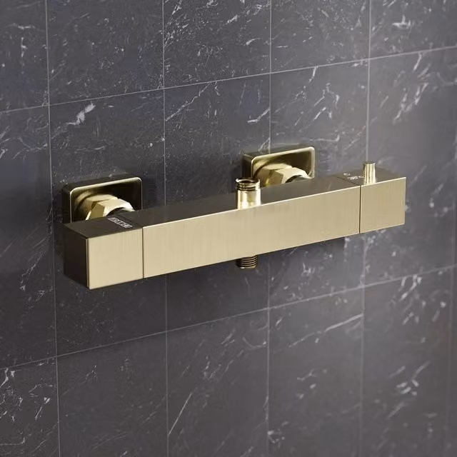 FLAVORA Square Brushed Brass Exposed Thermostatic Shower Valve in Metallic Gold – 1