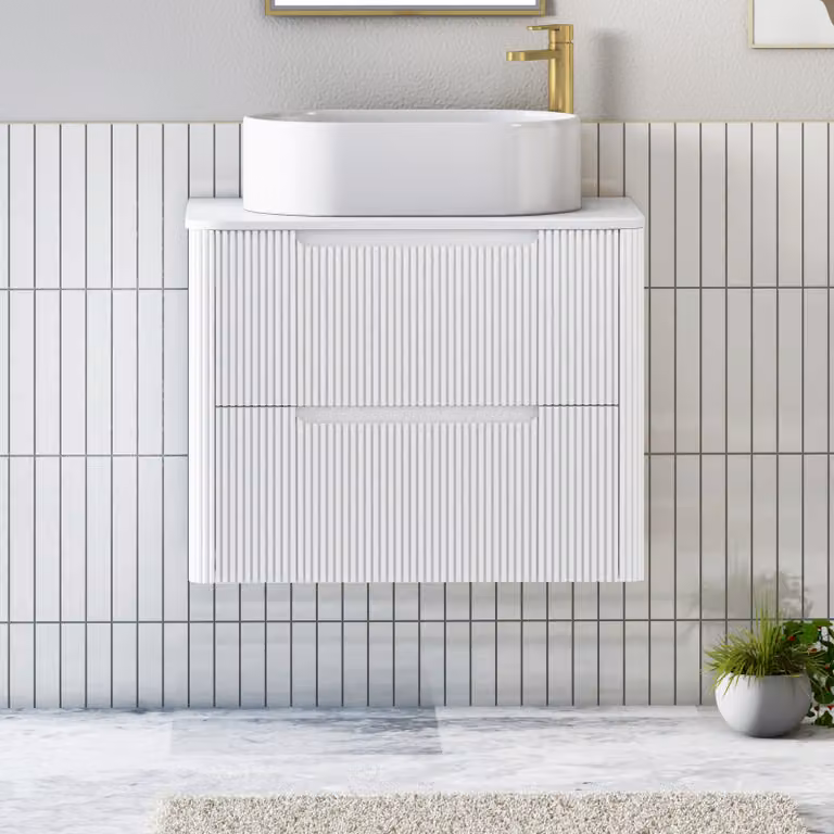 Royal Bathrooms Avenza 600mm Matt White Wall Hung Vanity Unit with 2 Drawers, Plain White Worktop and Peak Basin