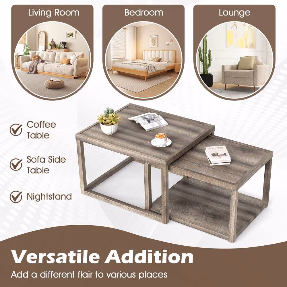 Costway Set of 2 Nesting Rectangular Coffee Tables in Grey Rustic Rubberwood – 5