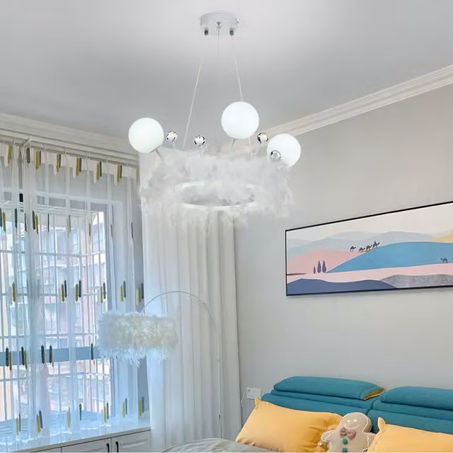 Livingandhome White Feather LED Pendant Light with Crystal Spheres