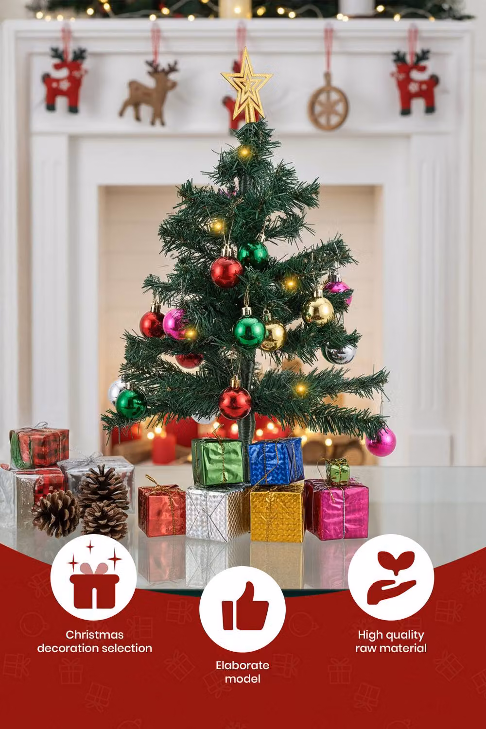 Living and Home 50cm Tabletop Christmas Tree with Lights, Star Top and Multicolour Gold Ball Matching Gift Boxes – 3