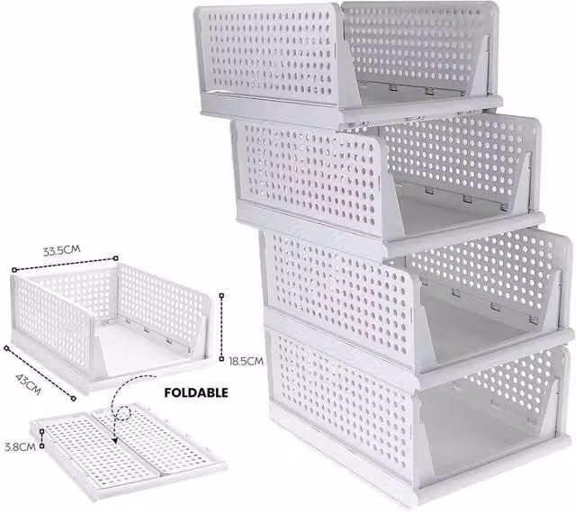 EONLION 4-Piece Folding Closet Shelf Rack Storage Box Drawer Inserts in White