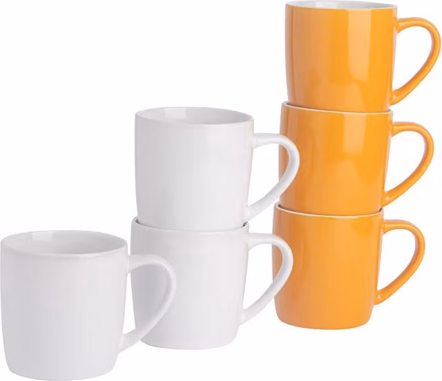 Argon Tableware Set of 6 Two-Tone Stoneware Coffee Mugs, Yellow and White, 350ml