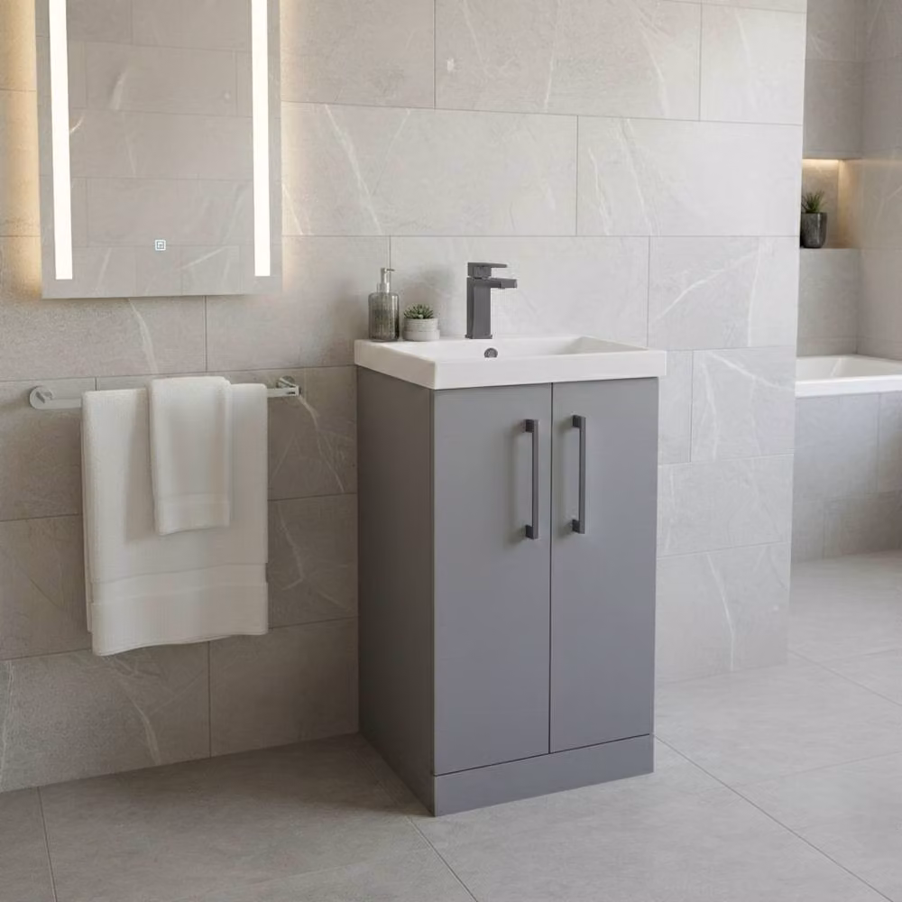 Balterley Modern Bathroom Vanity Unit with Basin and 2 Soft Close Doors, Satin Grey, Width: 50 cm – 2