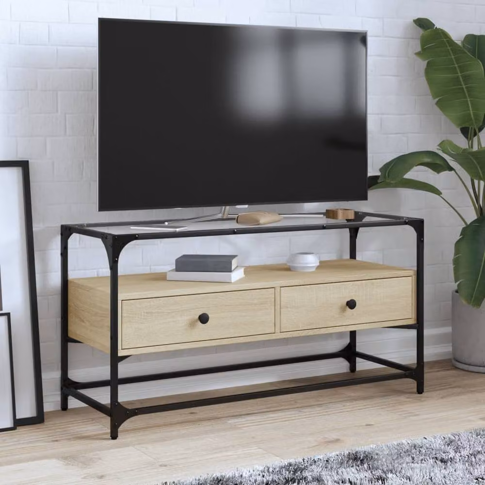 Berkfield Home TV Cabinet in Sonoma Oak with Glass Top and Metal Accents, W/D/H: 98 x 35 x 51 cm – 2