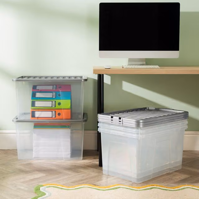 Wham Crystal 60L Storage Box with Stronger Lid, Pack of 5, Silver/Transparent