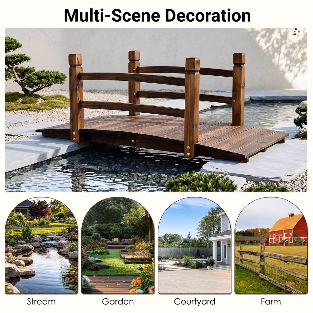Gymax Brown Fir Wood Garden Bridge with Safety Railings, 125 cm – 10