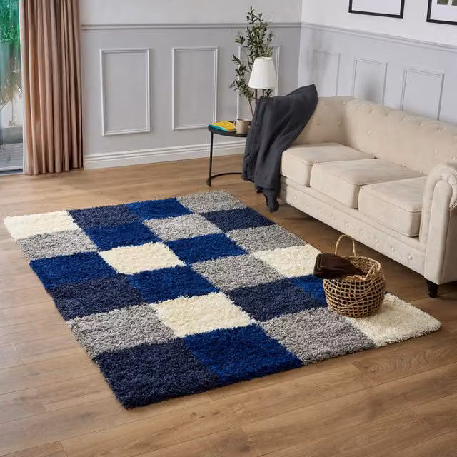 Bravich California Checked Shaggy Rug in Blue, W: 150 cm, D: 80 cm