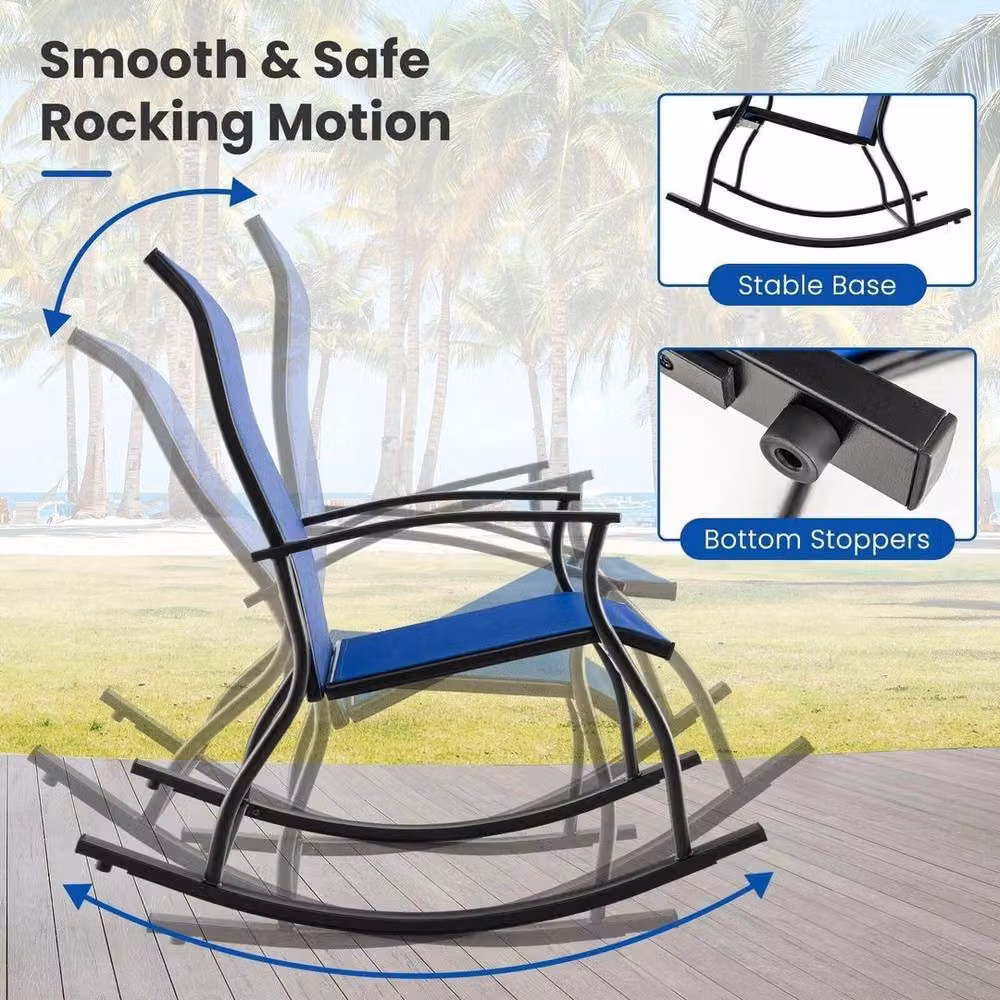 KORVIXA Set of 2 Blue Outdoor Rocking Chairs with Metal Frame and Textilene Fabric – 3