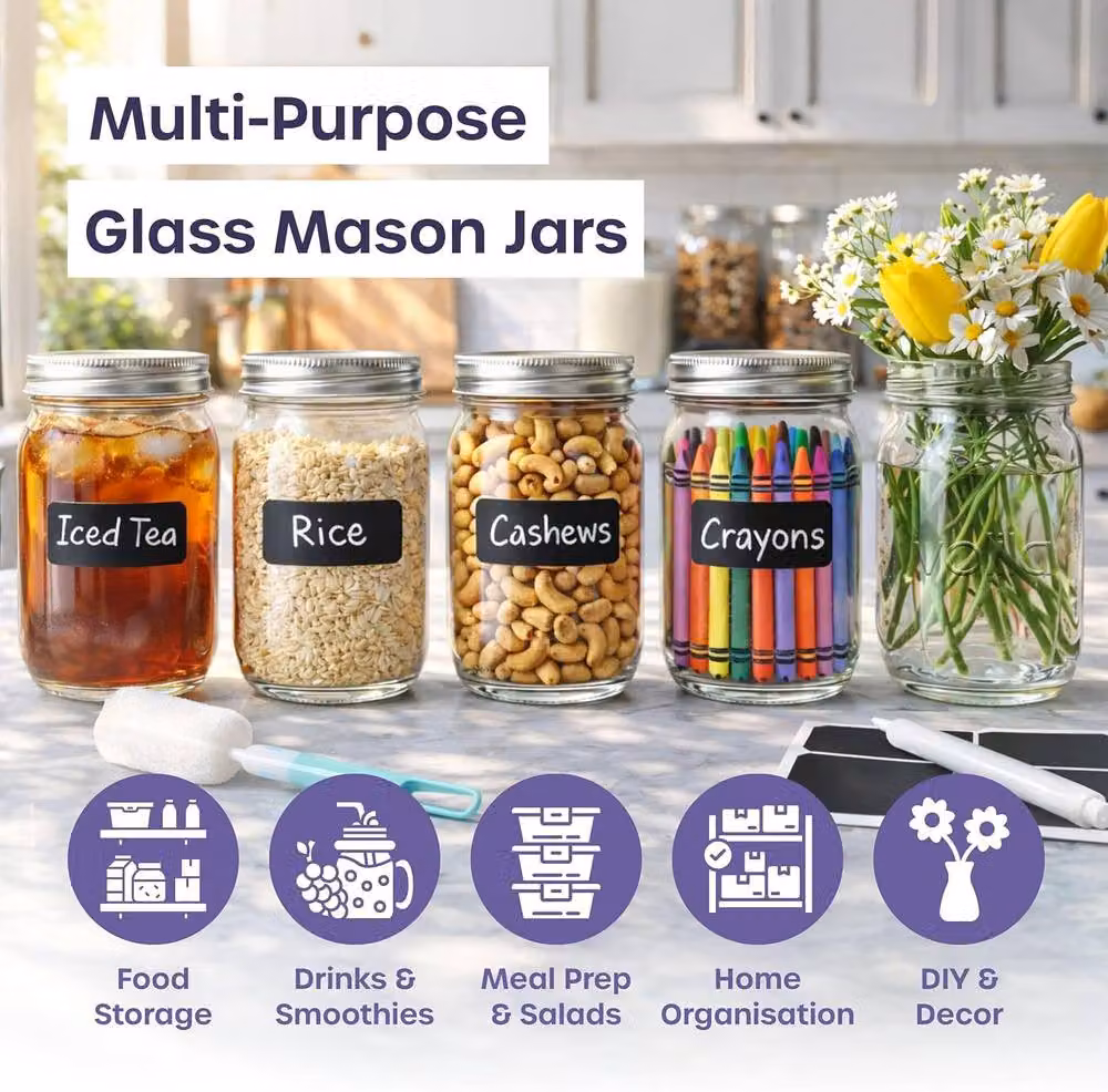 Volila Leakproof Glass Mason Jars with Lids for Canning, Salads and Oats, Clear and Silver, 490ml, 6 Pack – 4