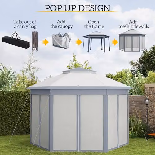 Outsunny Grey Hexagon Pop Up Garden Gazebo with Metal Frame, W: 3.4 m, D: 4.05 m, H: 2.85 m – 3