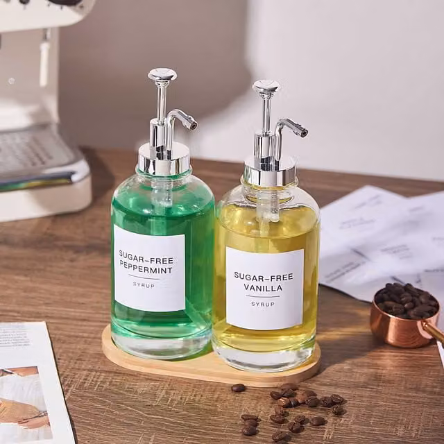 Eden & Willow Glass Coffee Syrup Pump Dispensers with Bamboo Lid in Silver and Transparent