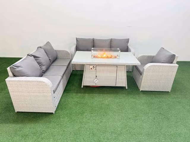 Fimous 7 Seater Poly Rattan Outdoor Garden Furniture Set with Firepit Dining Table, 3 Seater Sofa and 3 Reclining Chairs in Light Grey