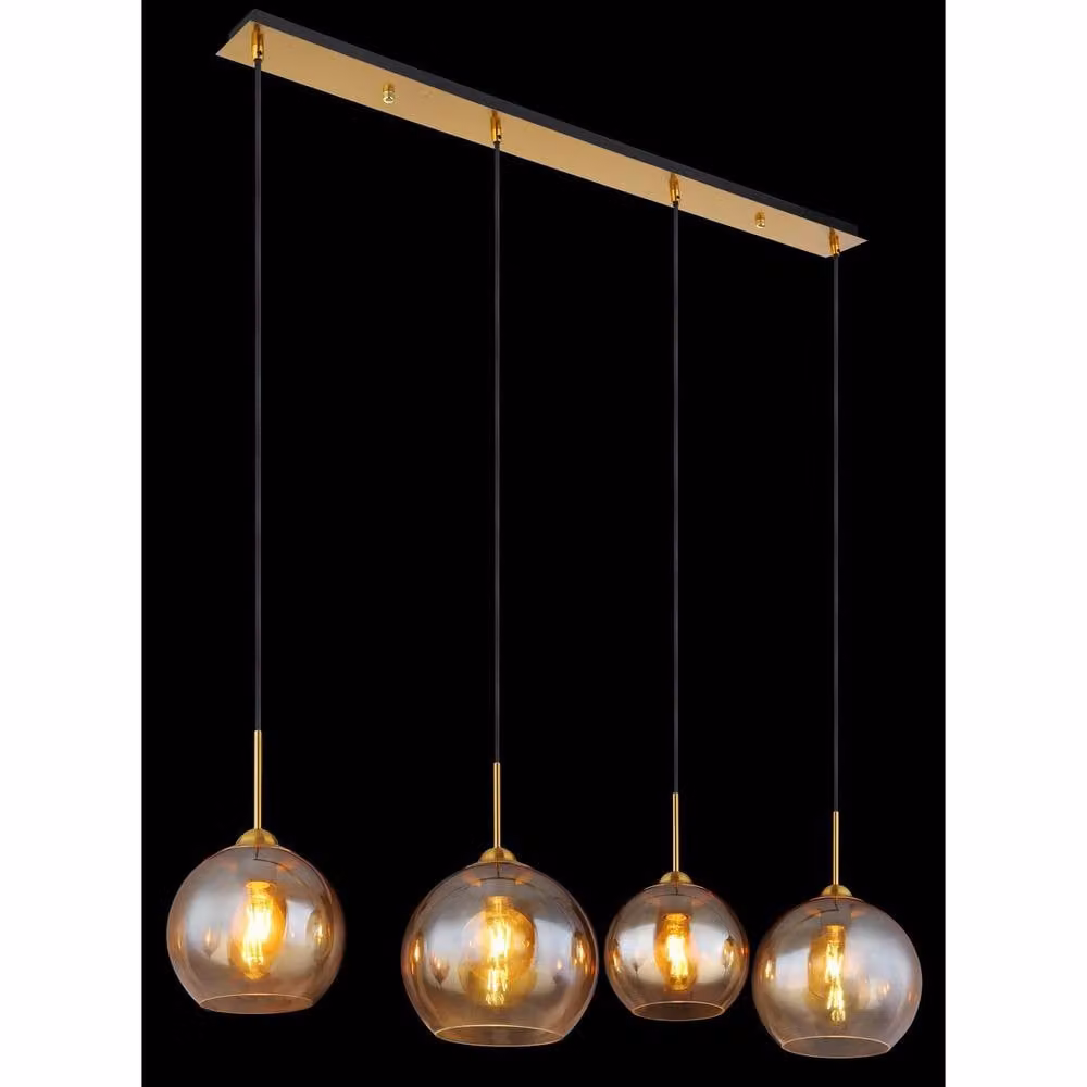 Netlighting Jamessa Bar Pendant Light with Amber Glass Shades and Brass Finish, 4x E27, W/D/H: 120 x 60 x 25 cm – 2