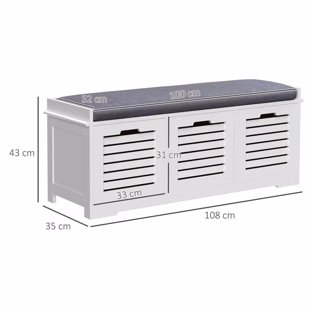 STILVORA Shoe Storage Bench with 3 Drawers and Grey Linen Seat in White – 3