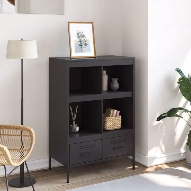 Berkfield Home Black Matt Steel Highboard with Roll Shutter and Internal Drawers, W/D/H: 68 x 39 x 101.5 cm