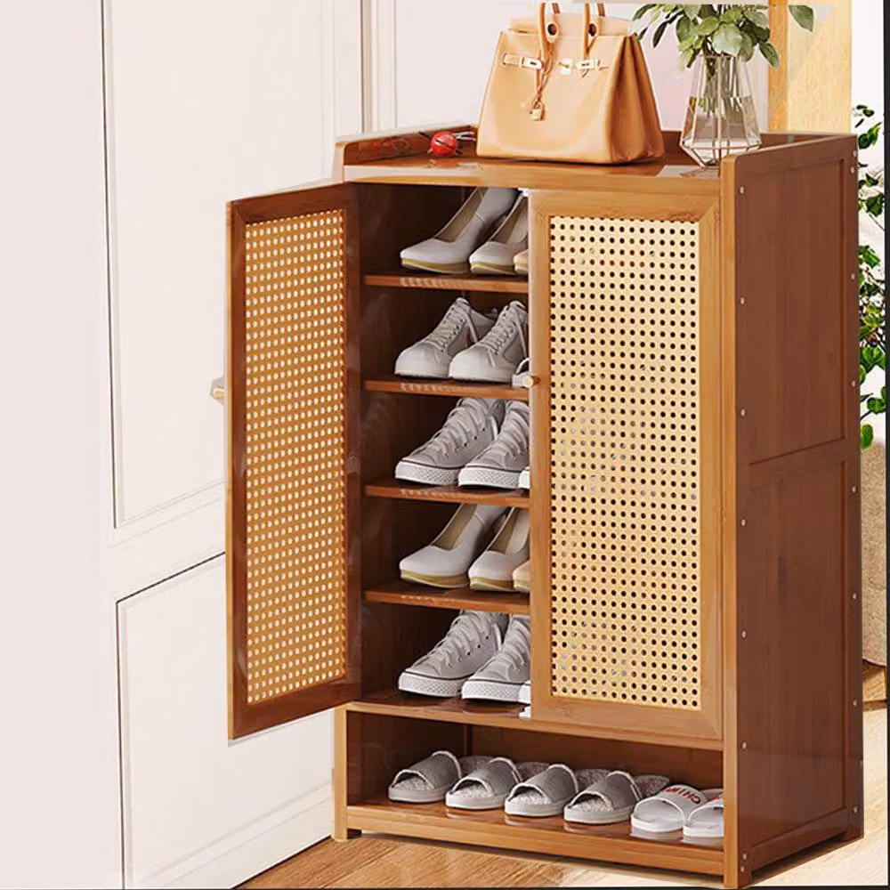 Hinsinc Wooden Shoe Cabinet with Double Rattan Doors in Brown, H 94 cm x W 60 cm x D 32 cm – 6