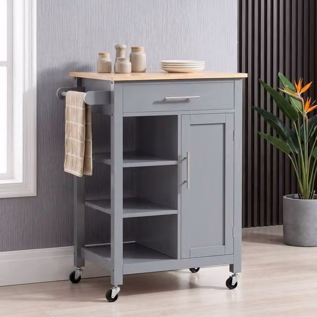 STILVORA Retro Kitchen Trolley with Shelves, Door and Drawer in Grey