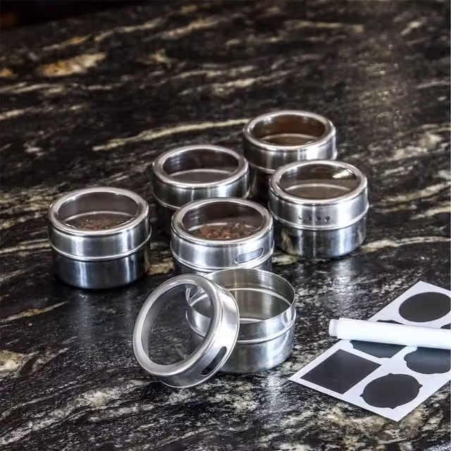 Maison & White Set of 12 Magnetic Stainless Steel Spice Tins in Silver