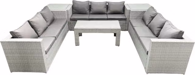 Fimous 9 Seater Rattan Garden Furniture Set with U-Shape Sofa, Oblong Coffee Table and 2 Side Tables in Light Grey