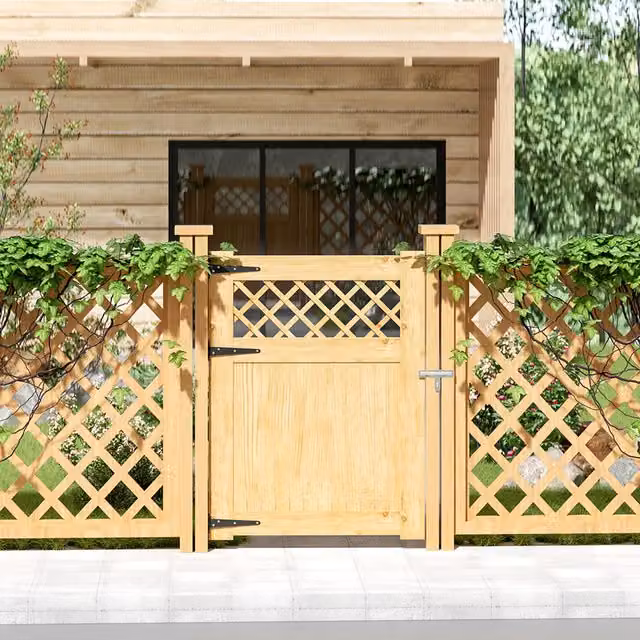 Livingandhome Rhombus Wood Garden Single Gate in Natural Brown and Yellow, W: 90 cm, H: 120 cm