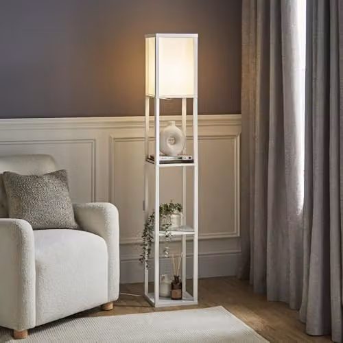 ValueLights Struttura White Wooden Floor Lamp with Fabric Shade and LED Bulb – 2