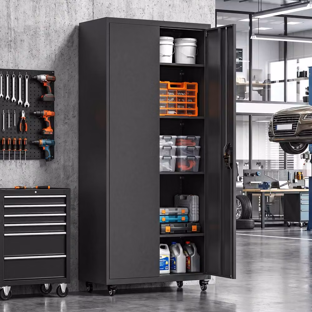 HOMCOM Industrial Metal Storage Cabinet with Hinged Doors and Internal Shelves in Matt Black – 2