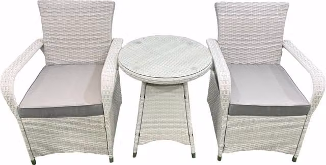 Fimous Wicker PE Rattan Garden Furniture Set with 2 Chairs and Small Round Glass Table in Light Grey