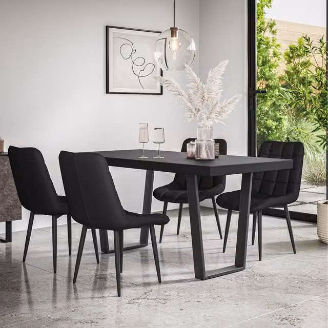More4Homes Aria Dining Set with 6 Black Nova Faux Leather Chairs and Black Oak Table Top