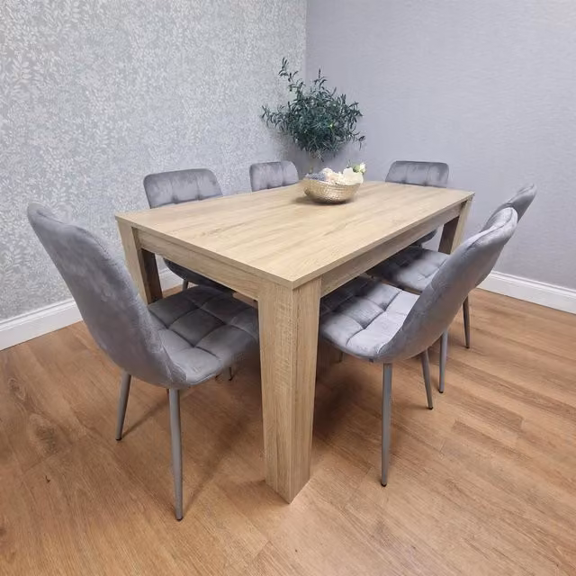 Kosy Koala Oak Effect Rectangular Dining Table Set with 6 Grey Velvet Chairs