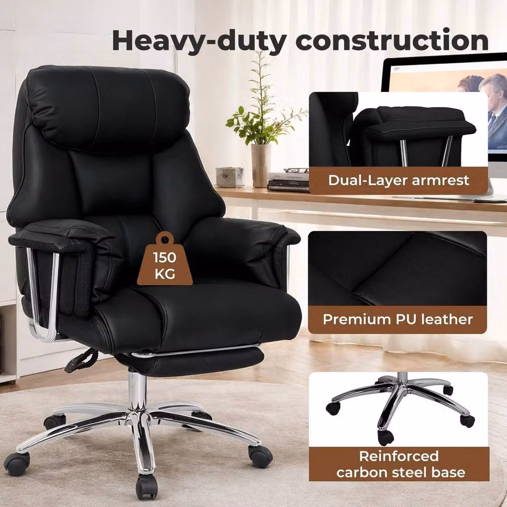 NESTLUNE Black Synthetic Leather Heavy Duty Executive Office Chair with Headrest and Armrests – 2