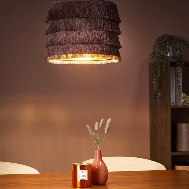Wyld and Coco Pink Fringe Pendant Light with Metal Frame and Fabric Shade in Boho Style – 1