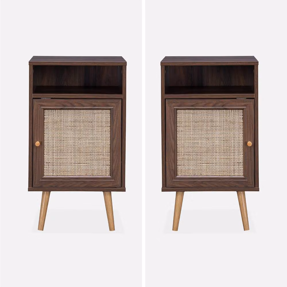 sweeek Pair of Scandi-style Bedside Tables with Rattan Cupboard in Dark Brown – 2