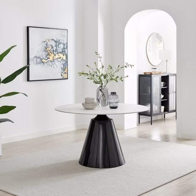 FurnitureboxUK Nina Round Ceramic Dining Table with White Marble Effect and Matt Finish in Off-White