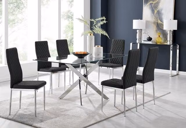 FurnitureboxUK Leonardo Glass and Chrome Metal Dining Set with Rectangular Table and 6 Milan Chairs in Black and Transparent