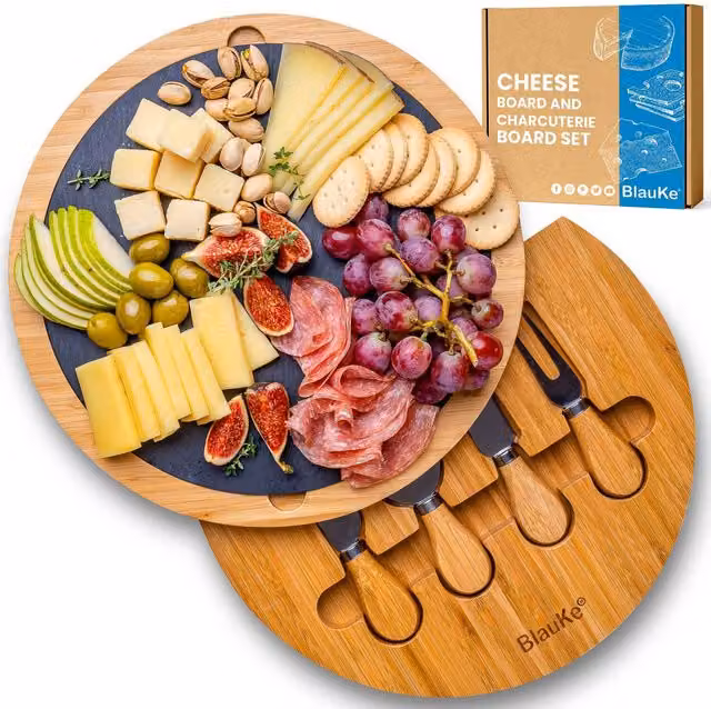 BlauKe Bamboo Round Cheese Board and Tool Set in Beige, Diameter: 30 cm, Height: 3.65 cm