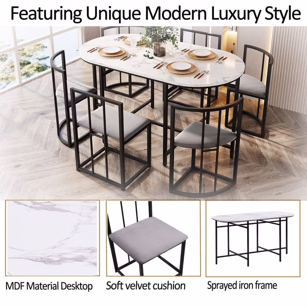 Rolipo 6 Seater Modern Extendable Dining Table Set with White Glossy Oval Table and Grey Velvet Chairs with Black Frame – 4
