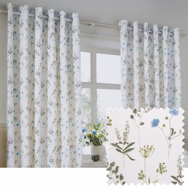 Wylder Meadow White Floral 100% Cotton Eyelet Curtain Pair, Width: 168 cm, Drop: 229 cm