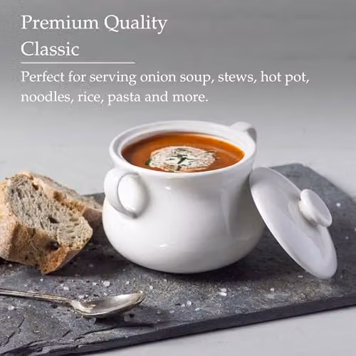 WM Bartleet & Sons 1750 Traditional Porcelain Lidded Individual French Onion Soup and Stew Bowl with Handles, 500ml, White – 3